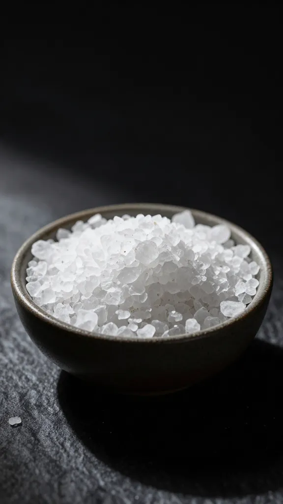 Sea salt flakes in pinch bowl, dramatic side light