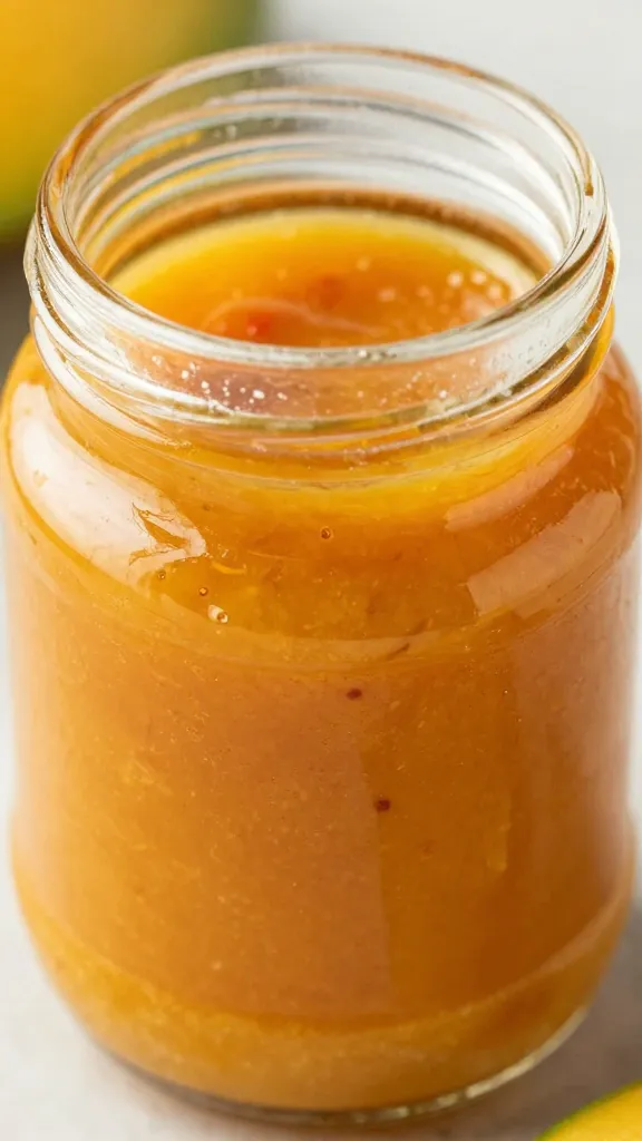 closeup of mango habanero honey garlic sauce in glass jar