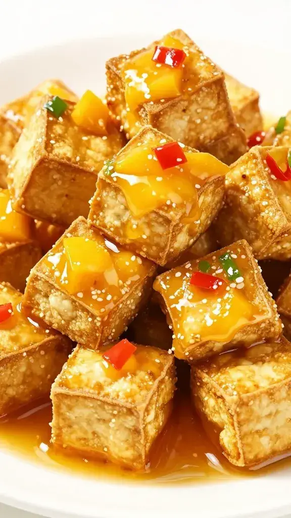 crispy tofu cube glossy with mango habanero sauce