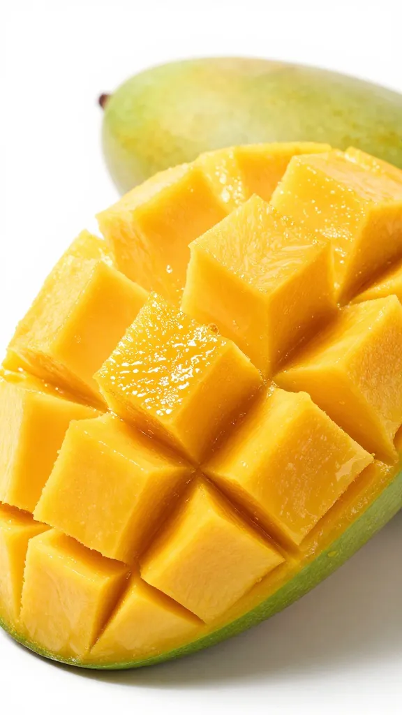 ripe mango half, flesh scored, studio closeup