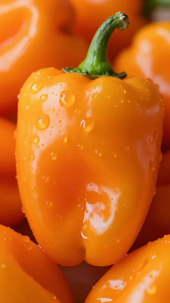 fresh habanero pepper orange, dewy, macro closeup