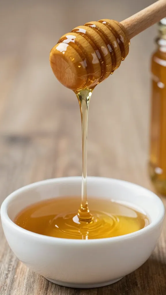 honey stream from wooden dipper into sauce bowl
