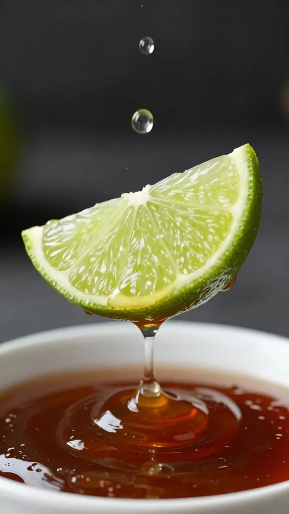 lime wedge squeezed over sauce, droplets midair closeup