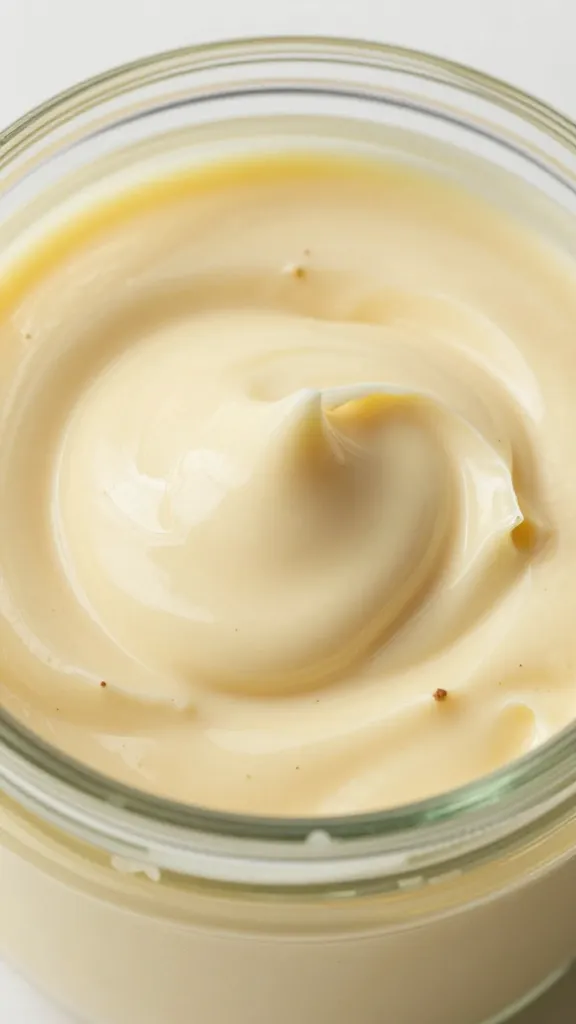 closeup jar of freshly blended garlic aioli, swirl texture