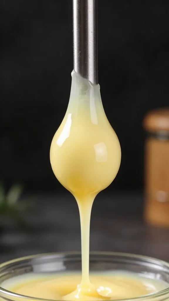 immersion blender tip coated in aioli, dripping