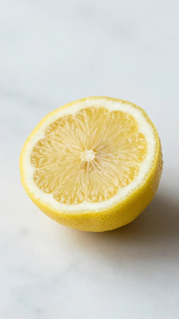 single lemon half, zested, on marble countertop