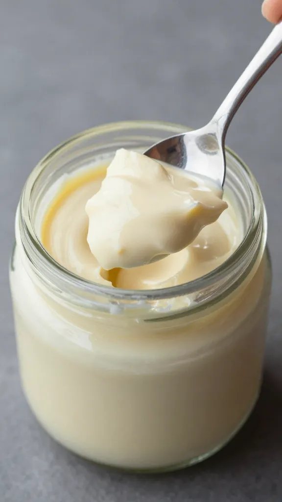 spoonful of creamy aioli held above jar