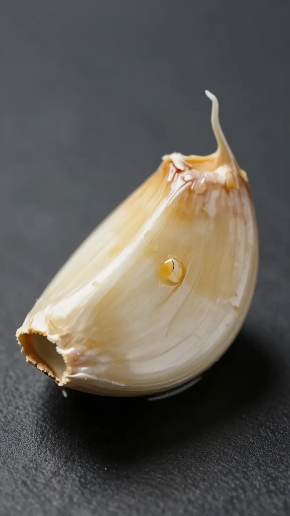single clove of crushed garlic, oily sheen, macro