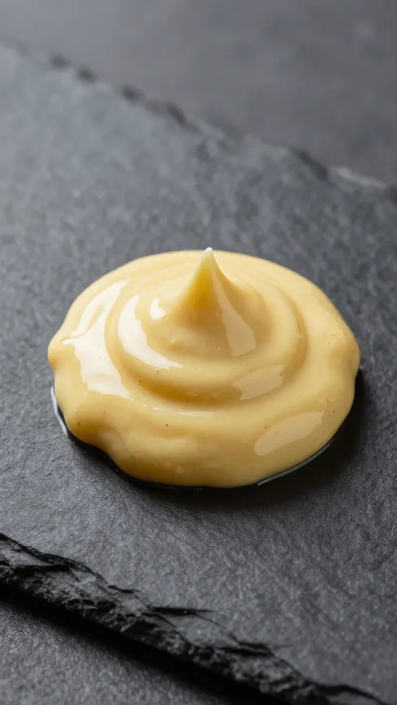 aioli dollop on slate plate, glossy highlights
