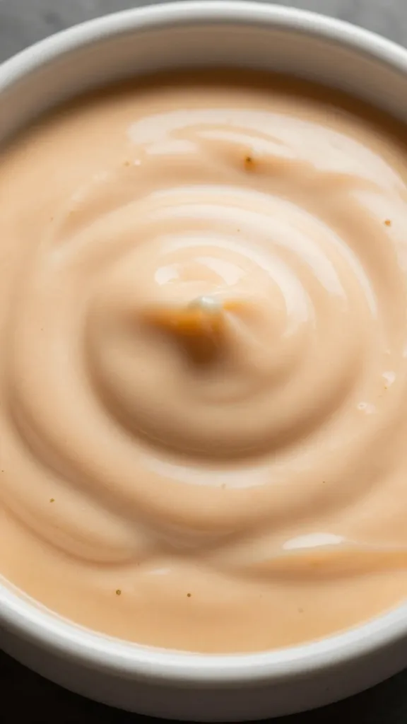 closeup bowl of bravas sauce with glossy swirl