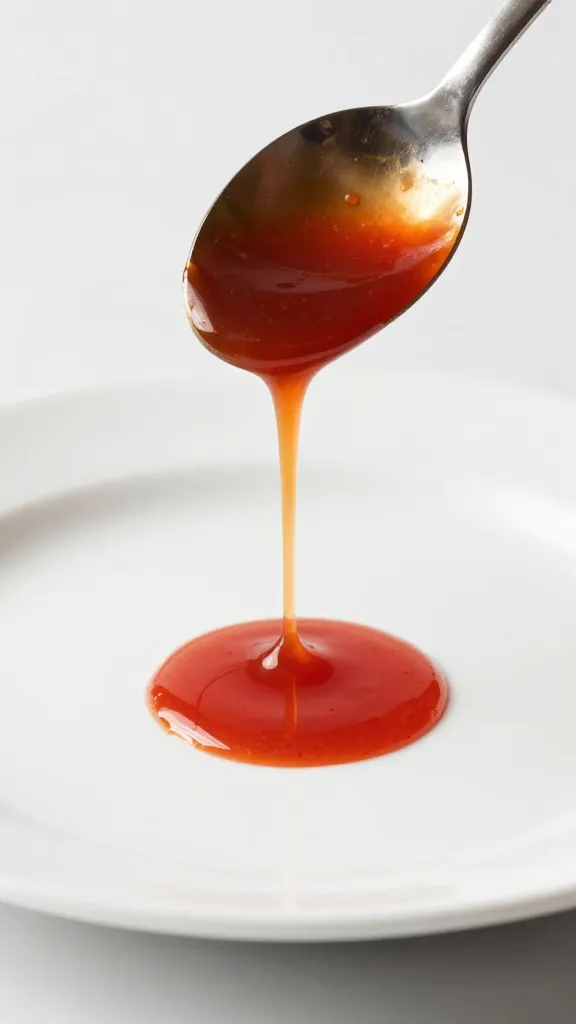 spoon dripping bravas sauce over white plate