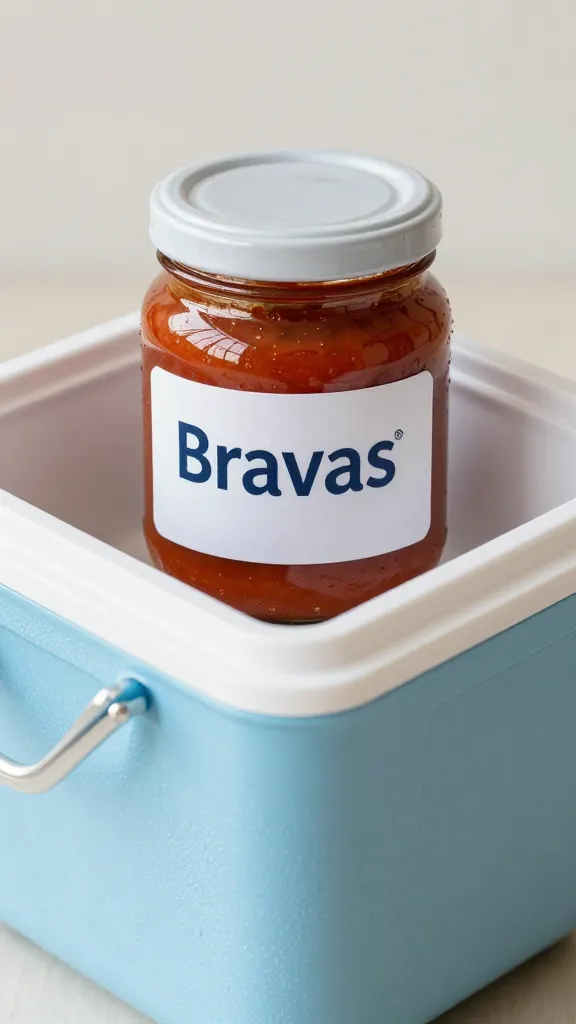 small cooler with sealed jar of bravas sauce