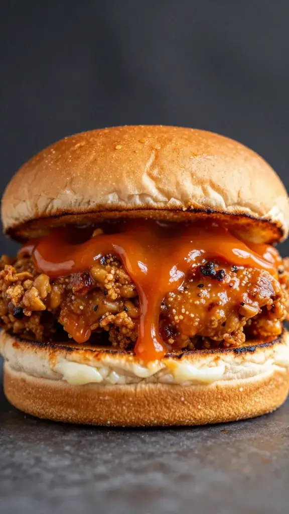 chicken slider topped with bravas sauce drip