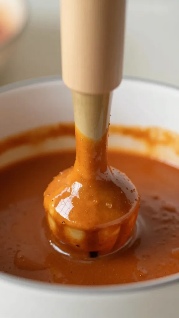 immersion blender coated in bravas sauce, closeup