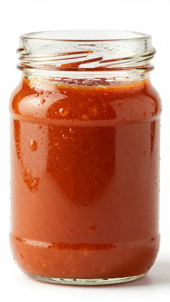 glass jar of bravas sauce with condensation beads