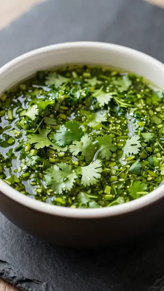 closeup bowl of cilantro lime chimichurri on dark slate