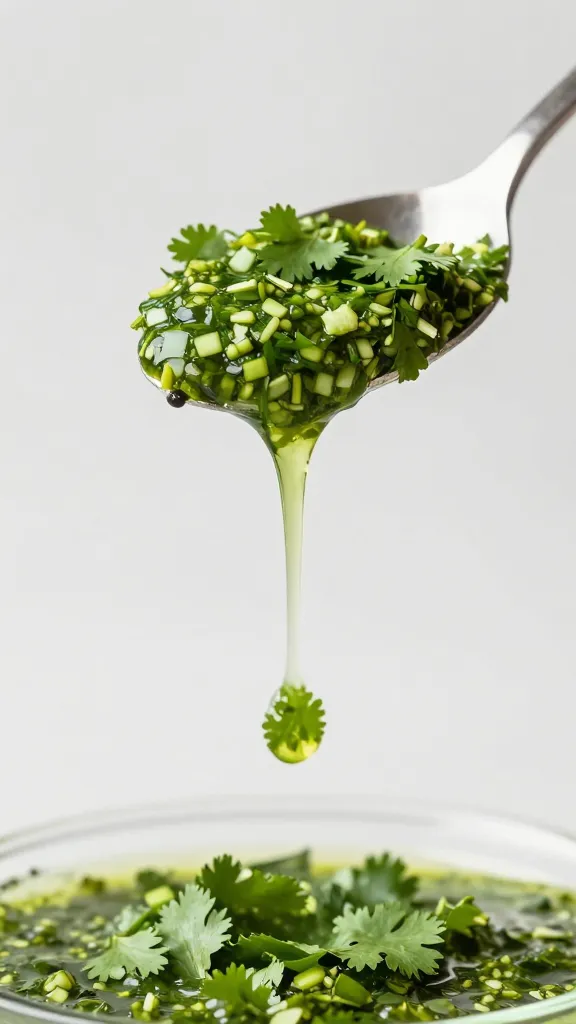 spoon dipped in cilantro chimichurri, drips suspended mid-air