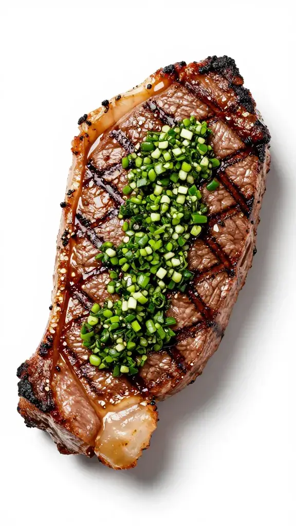 single grilled flank steak slice topped with chimichurri
