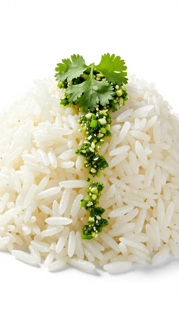 mound of white rice crowned with cilantro chimichurri