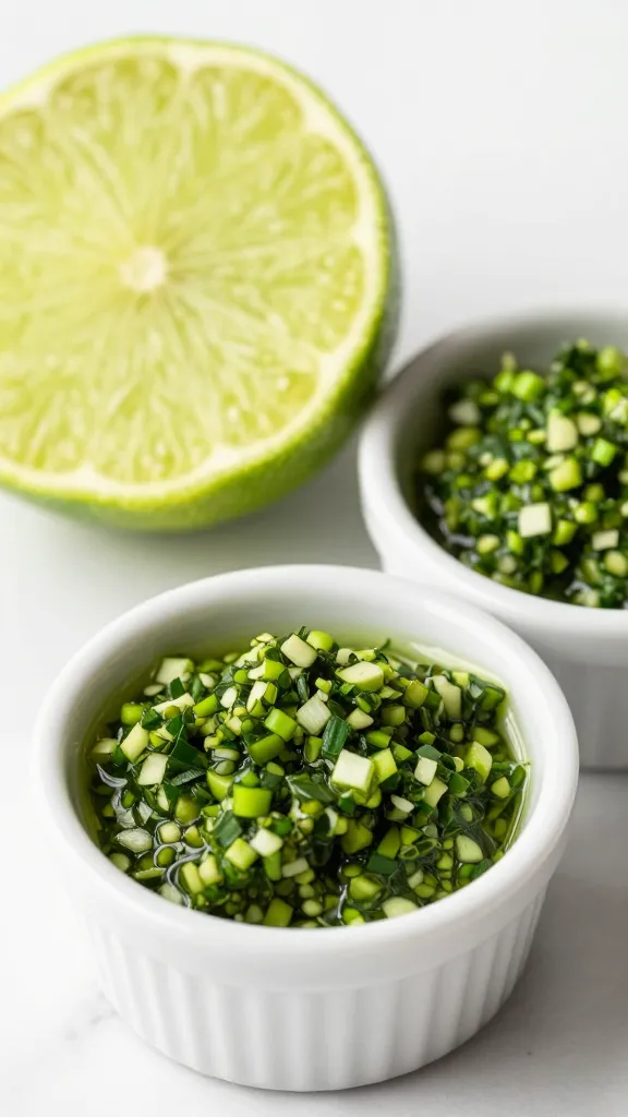 halved lime beside small ramekin of chimichurri, macro shot