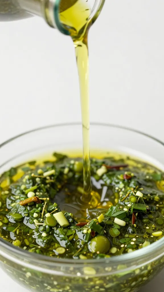 stream of olive oil pouring into chimichurri bowl, closeup