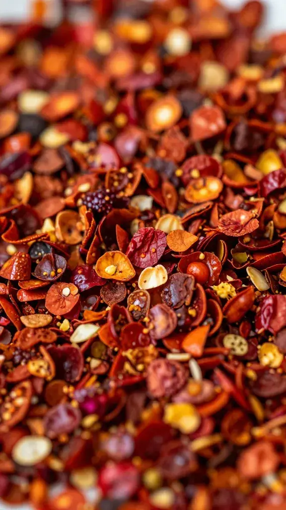 red pepper flakes sprinkled over chimichurri surface, macro