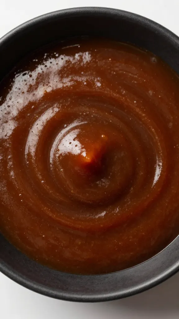 Matte-black bowl of thick smoky BBQ sauce, overhead