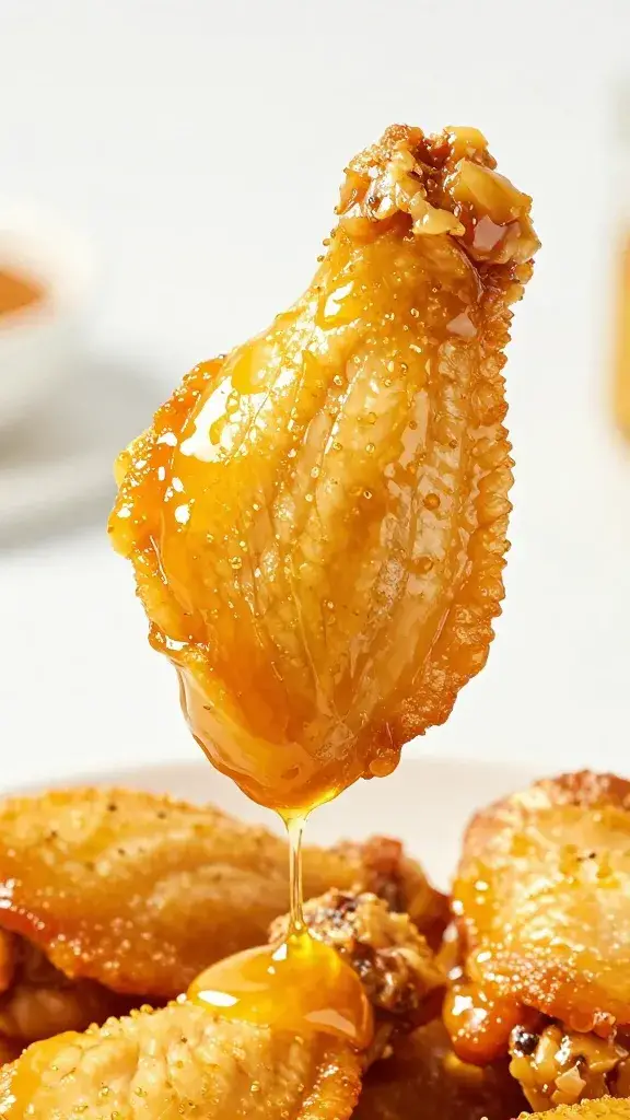 Golden chicken wing dipped in honey mustard, macro