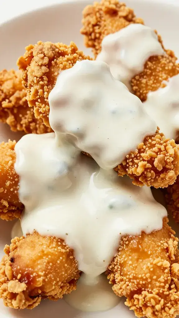 Crispy chicken tender dripping ranch, high-key closeup