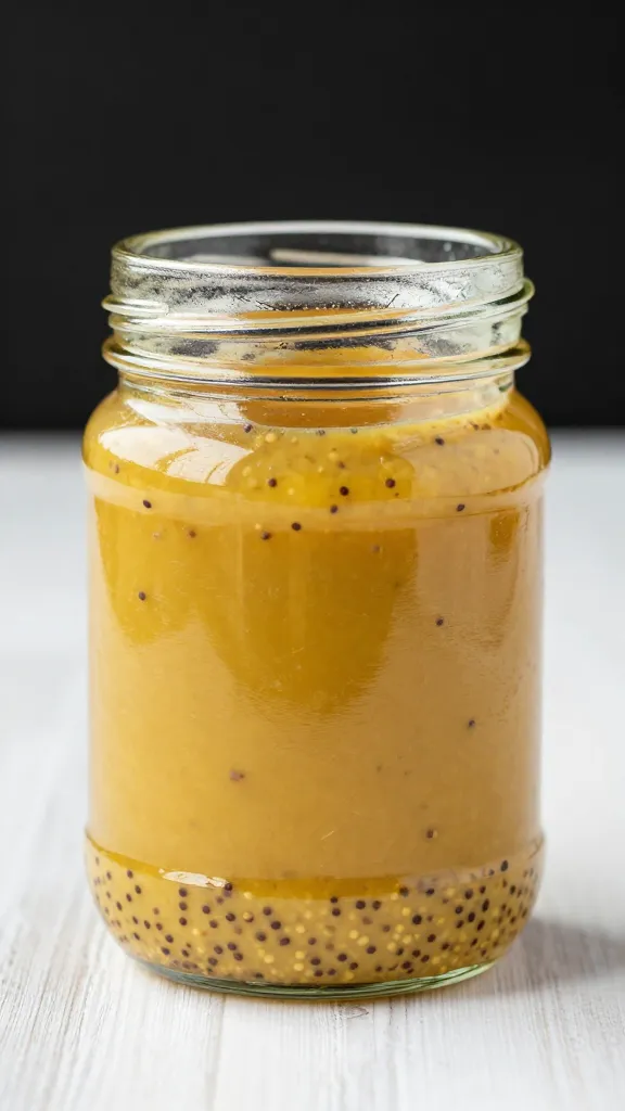 Glass jar of honey mustard with visible mustard seeds