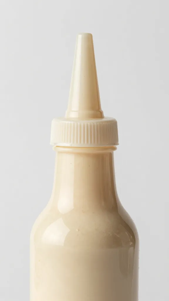 Squeeze bottle tip beading ranch dressing, macro