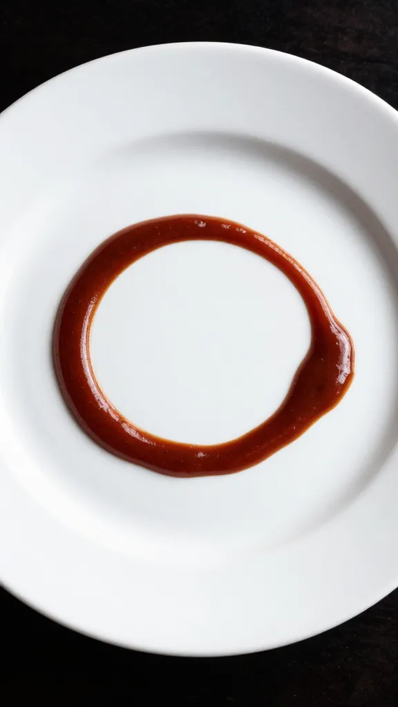BBQ sauce swirl on white plate, dramatic top-down
