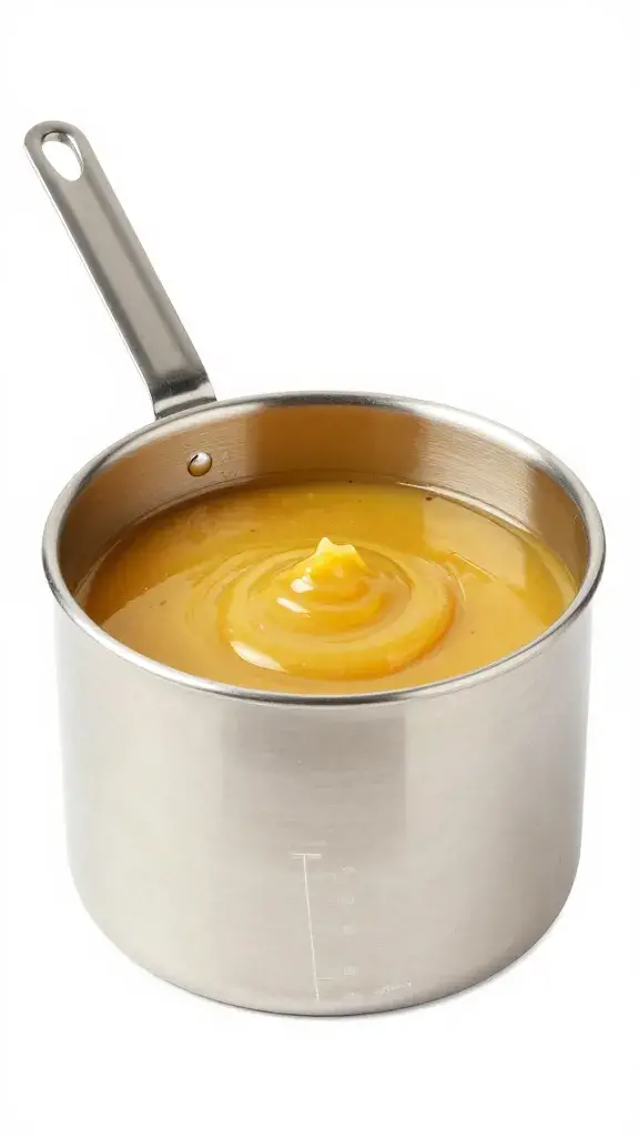Stainless ladle filled with honey mustard, isolated background