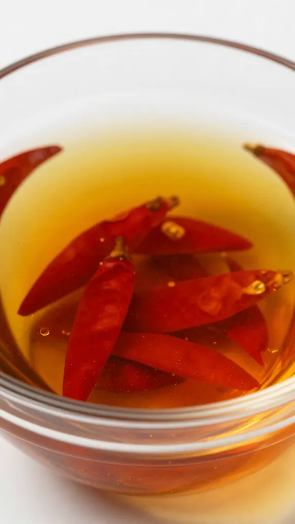 closeup glass bowl of Calabrian chili dipping oil