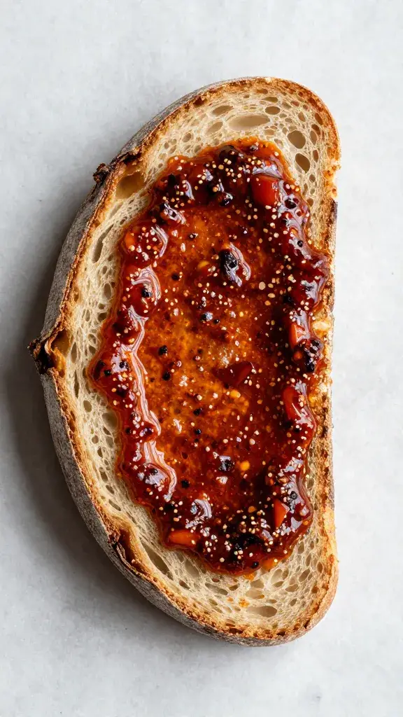 single slice rustic sourdough dipped in chili oil