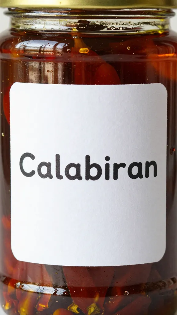 jarred Calabrian chiles in oil, label facing, closeup