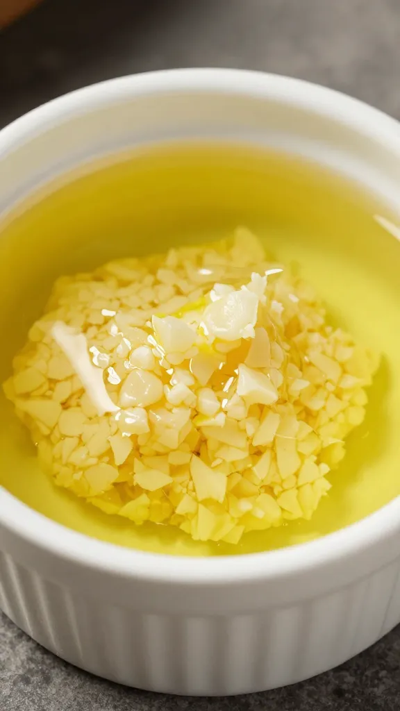 small ramekin of minced garlic in olive oil, macro