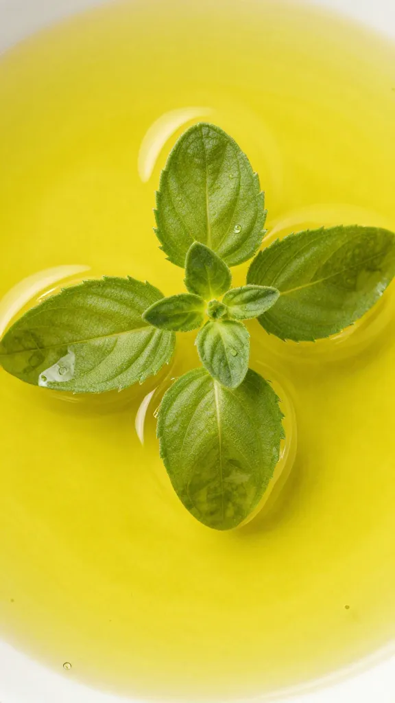 single sprig fresh oregano on olive oil surface