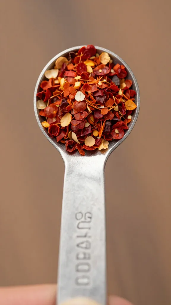 measuring spoon of red pepper flakes, tight macro