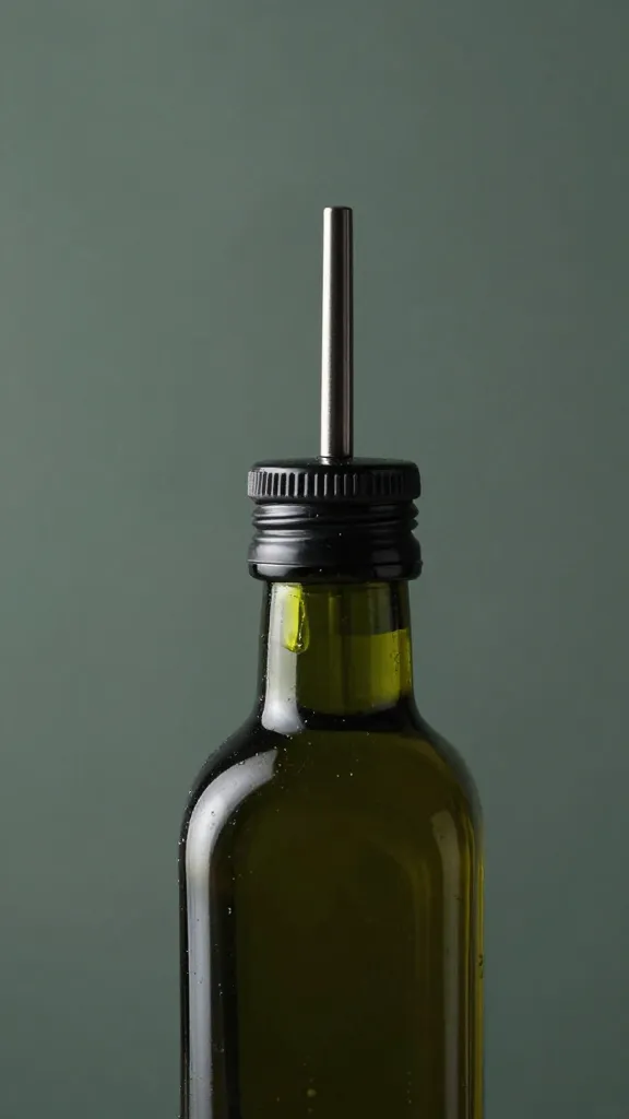 dark green extra-virgin olive oil bottle spout pouring