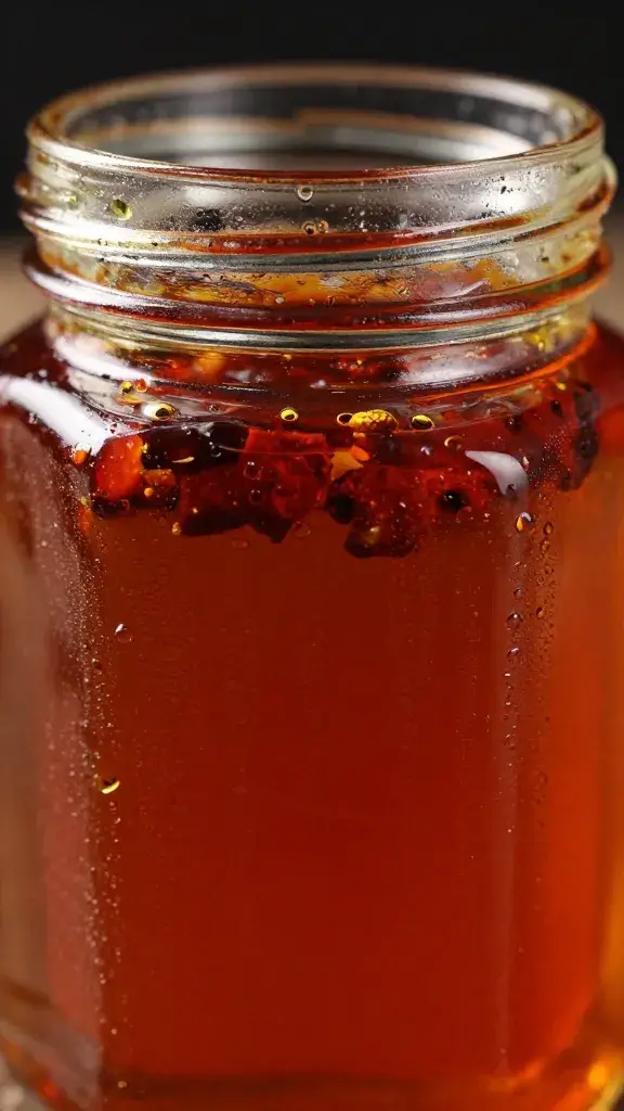 sealed leakproof glass jar with chili oil, condensation closeup