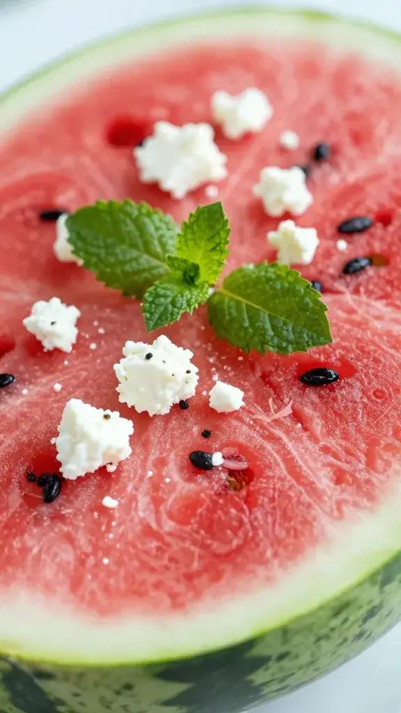 closeup watermelon wedge with crumbled feta and mint