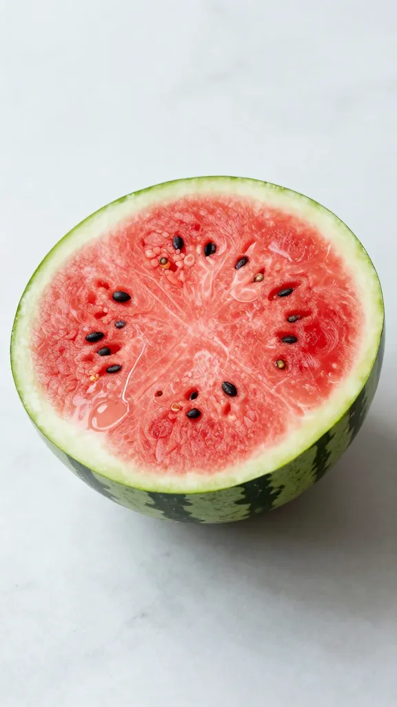 single chilled watermelon half, cross-section on marble