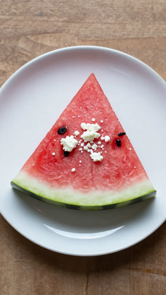 overhead plate of watermelon slice with feta sprinkle