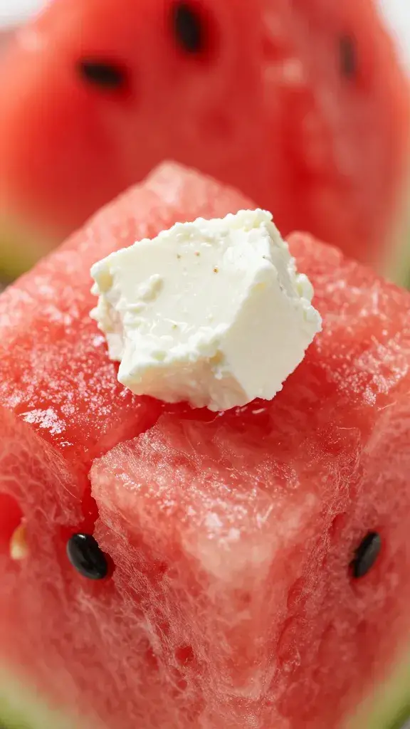 macro shot of feta crumbles on watermelon cube
