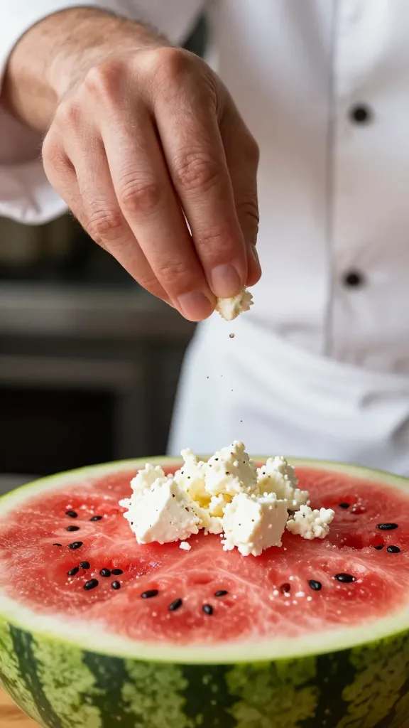 closeup chef hand sprinkling feta onto watermelon