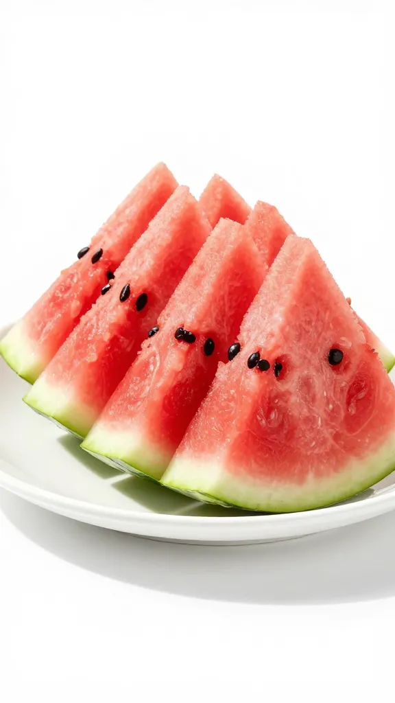 single white platter holding fanned watermelon slices