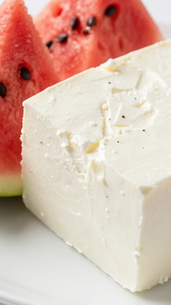 tight shot of salted feta block beside watermelon slice
