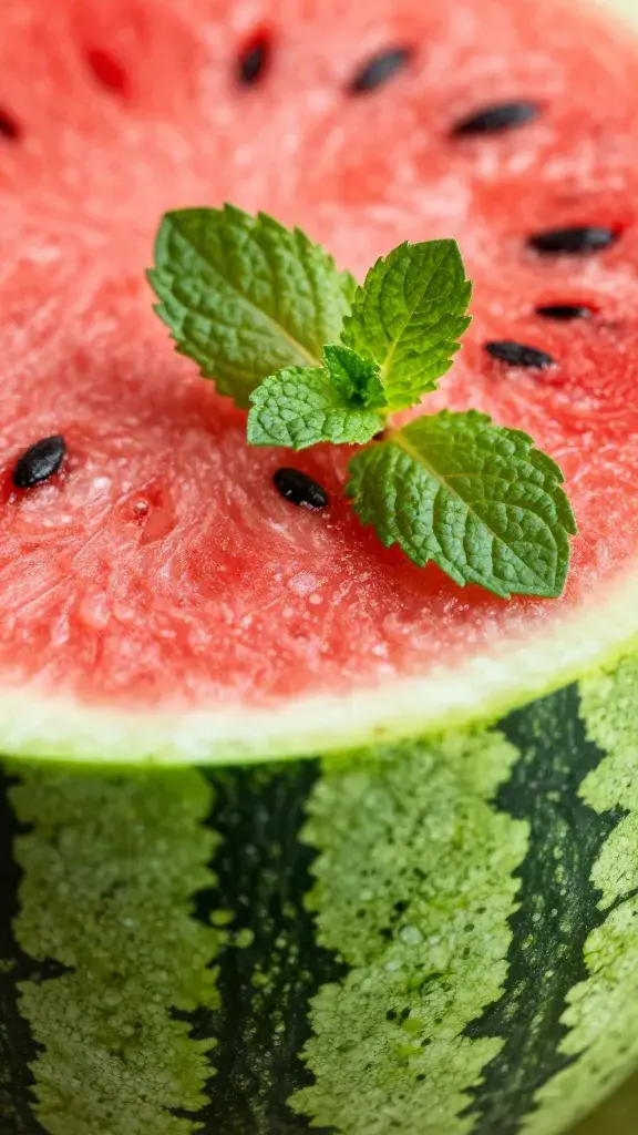 single watermelon rind slice with mint garnish, closeup