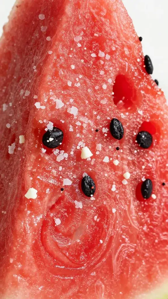 macro of watermelon surface with sea salt and feta crumbs